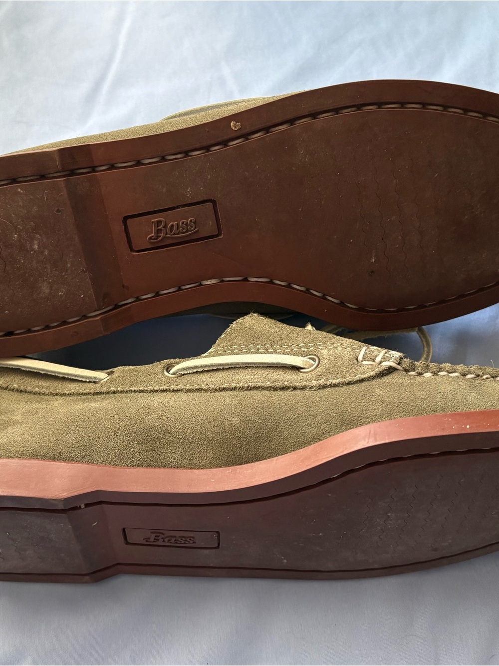 G.H. Bass & Co. Olive Suede Moccasin Boat Shoes with Cream Laces - Picture 2 of 3